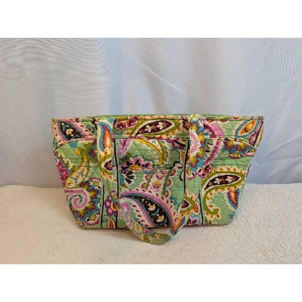 Vera Bradley Tote Bag Green Paisley Quilted Zip Top Women's Accessory